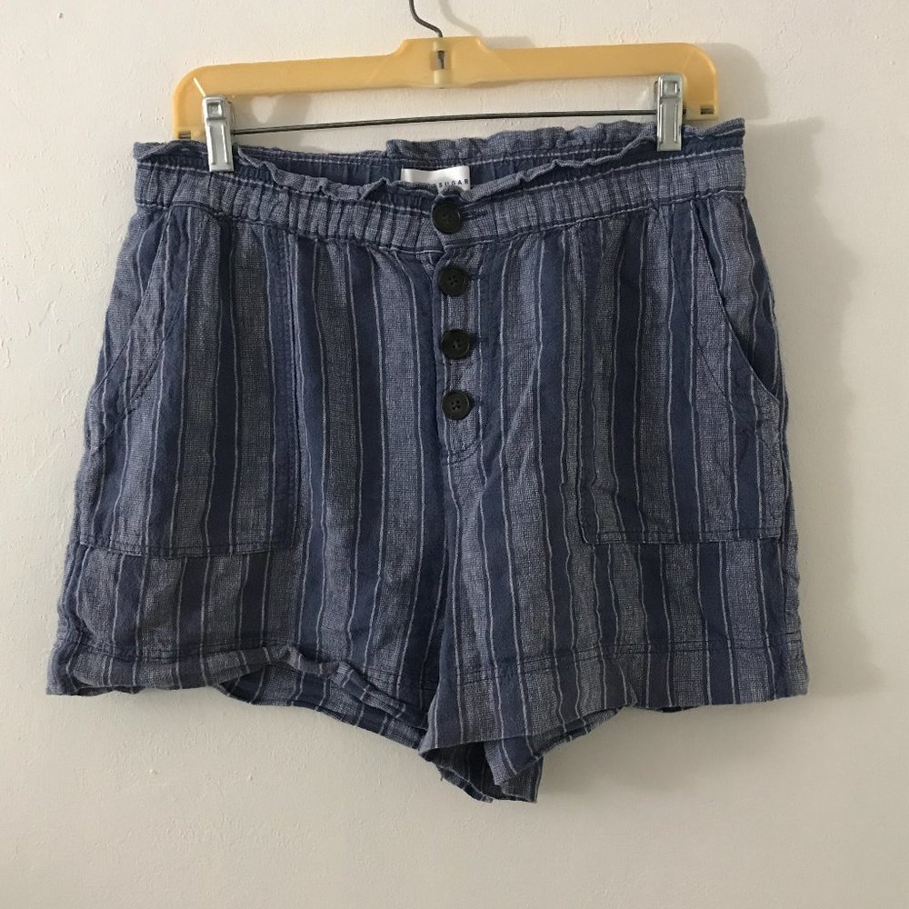 Blue Paperbag Style Striped Linen Shorts Size Medium